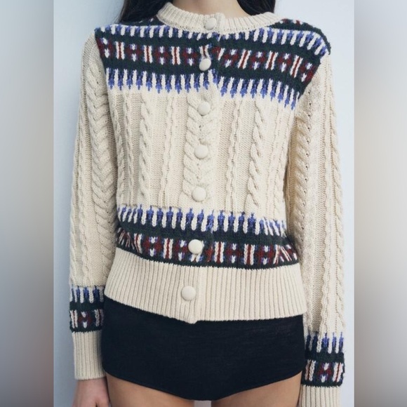 Zara size large jacquard knit cardigan cream blue green red EUC - Picture 2 of 10